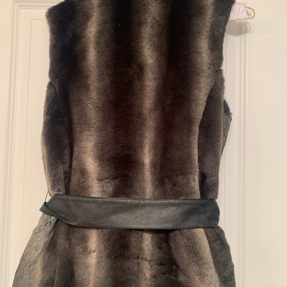 Aqua Black and Gray Faux Fur Vest with Black Leather Belt - Picture 2 of 6